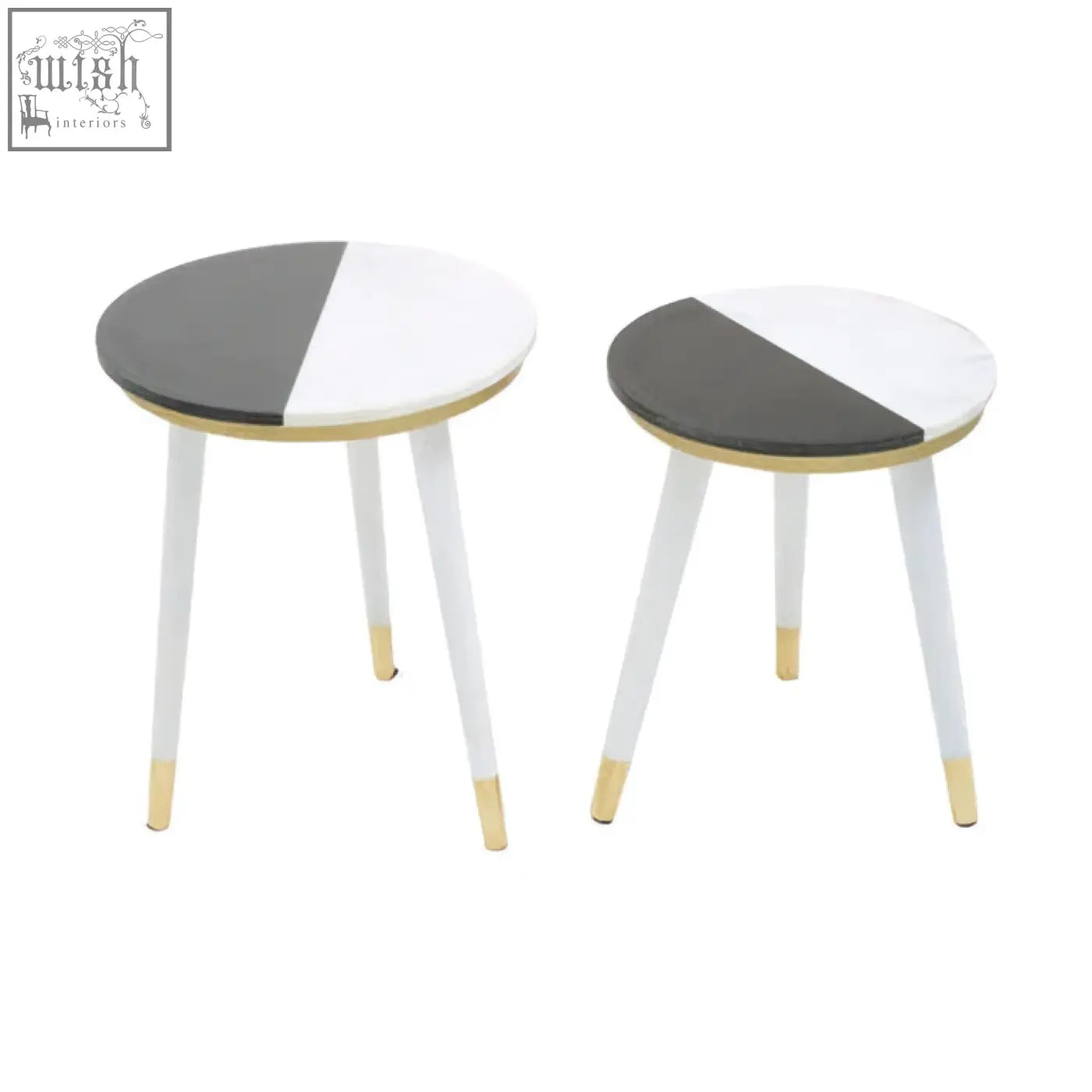 Two minimalist nirav side tables with half white marble tops and slender acacia wood legs tipped in gold