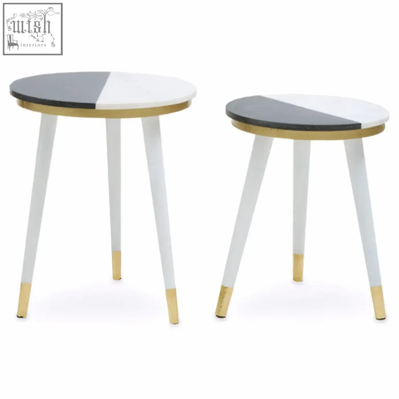 Two minimalist side tables with black and half white marble tops and acacia wood legs with gold trim accents
