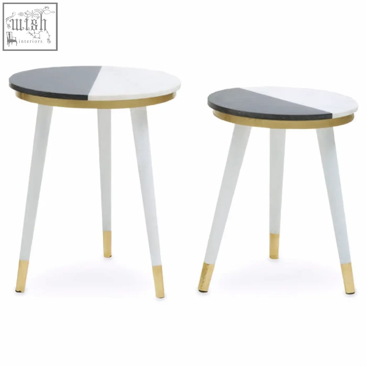 Two minimalist side tables with black and half white marble tops and acacia wood legs with gold trim accents
