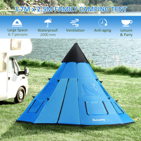 Outsunny 6 Men Tipi Tent, Camping Tent, Teepee Family Tent with Mesh Windows, Sewn-in Tent Floor, Two Doors and Carry Bag, Easy Set Up, for Hiking Picnics Outdoor Night, Blue
