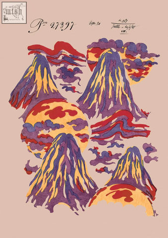 Vibrant mount lucio vintage poster with stylized red and yellow lava volcanoes against a purple sky vintage archive poster