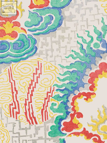 Vibrant cloud bursting wallpaper featuring bold reds greens yellows and blues inspired by french textile artwork using ethically sourced materials
