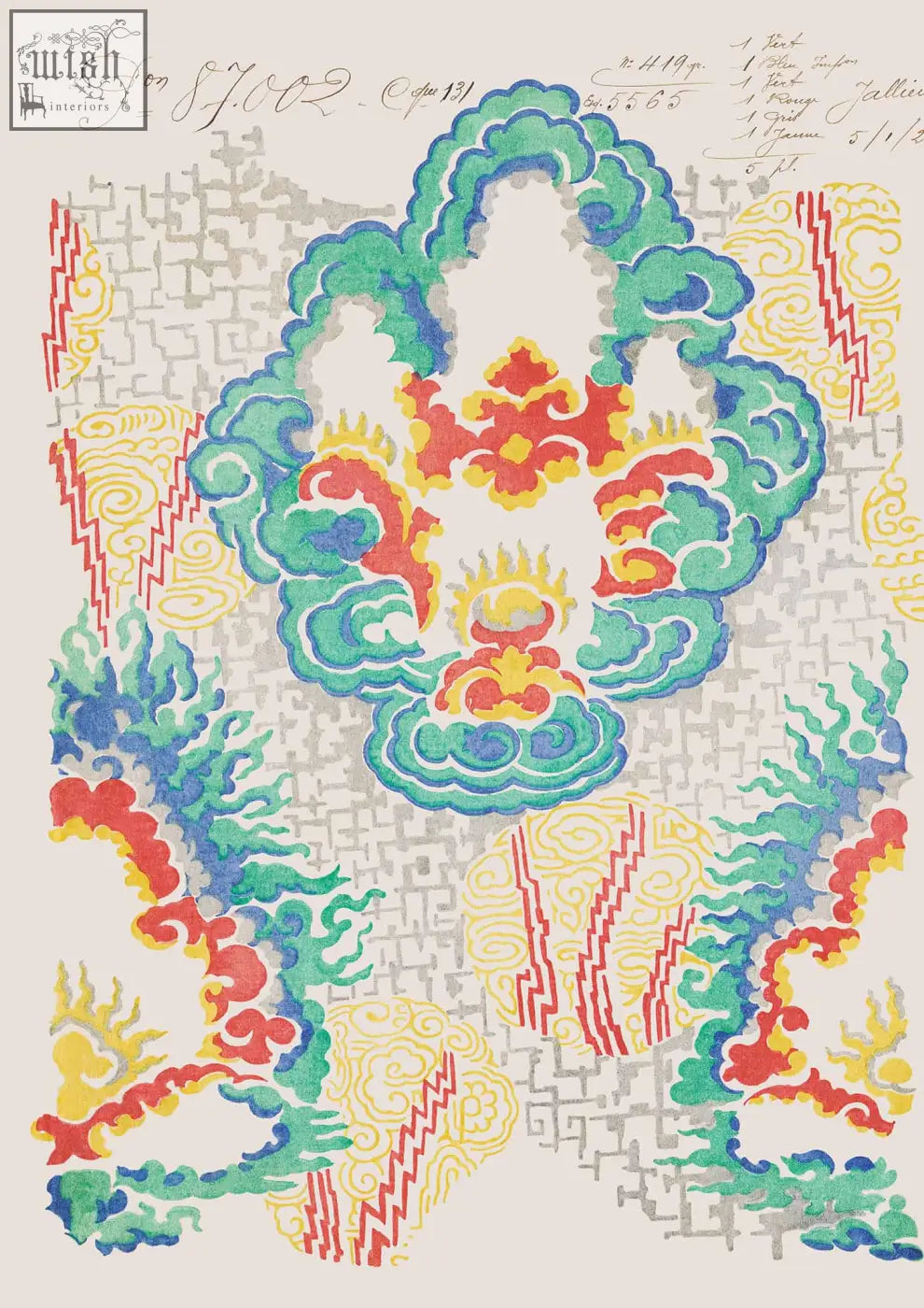 No 010 cloud bursting vintage archive poster print featuring vibrant hand-painted french textile artwork on textured background