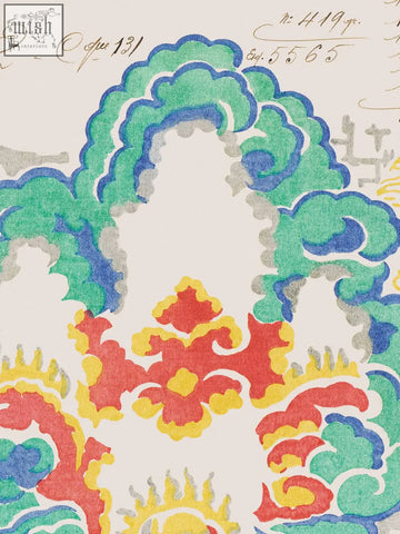 Vibrant hand painted cloud bursting wallpaper in bold reds yellows greens and blues on cream with ethically sourced materials