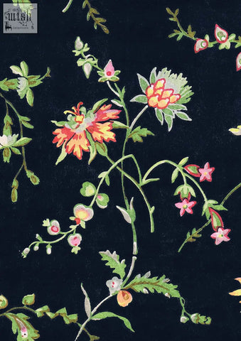 Dark blue fabric with vibrant orange pink and green floral pattern in midnight blooms vintage french botanical design poster print