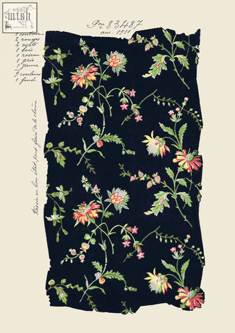 Dark blue fabric with delicate pink orange and yellow blooms and green leaves in midnight blooms vintage print