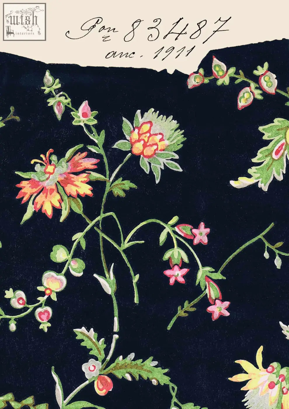 Dark blue velvet fabric with vibrant pink orange green floral pattern in midnight blooms vintage french botanical design