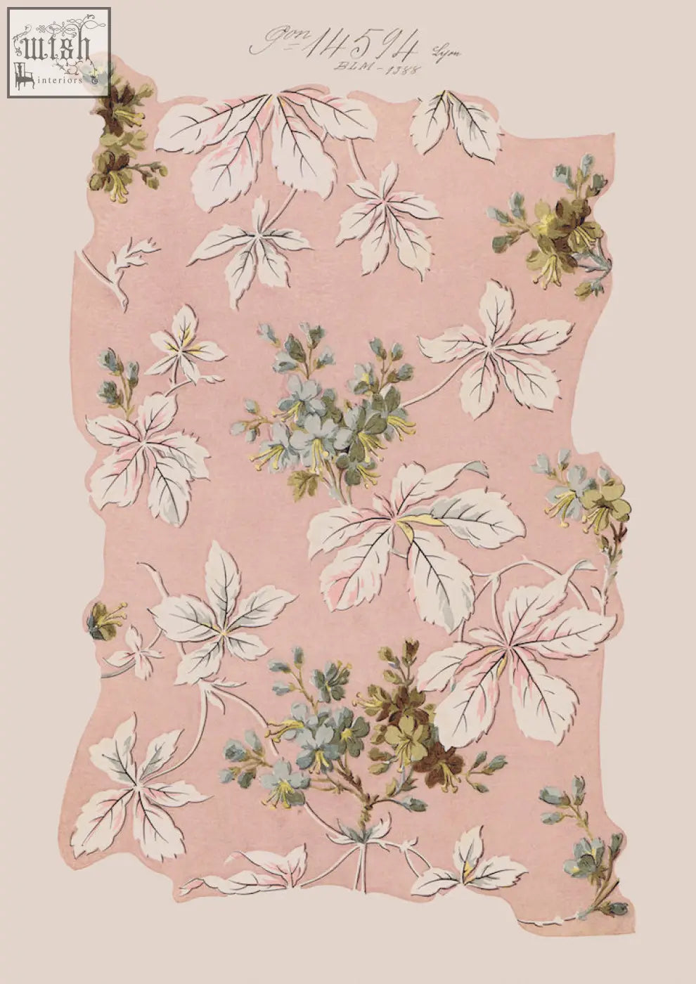 Delicate pink fabric from no.049 spring romance vintage archive poster prints with intricate botanical print and sky blue accents