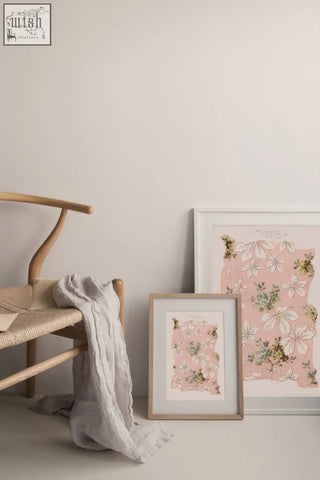 Spring romance vintage archive poster print with delicate white blossoms on soft pink in a minimalist white frame made from ethically sourced materials