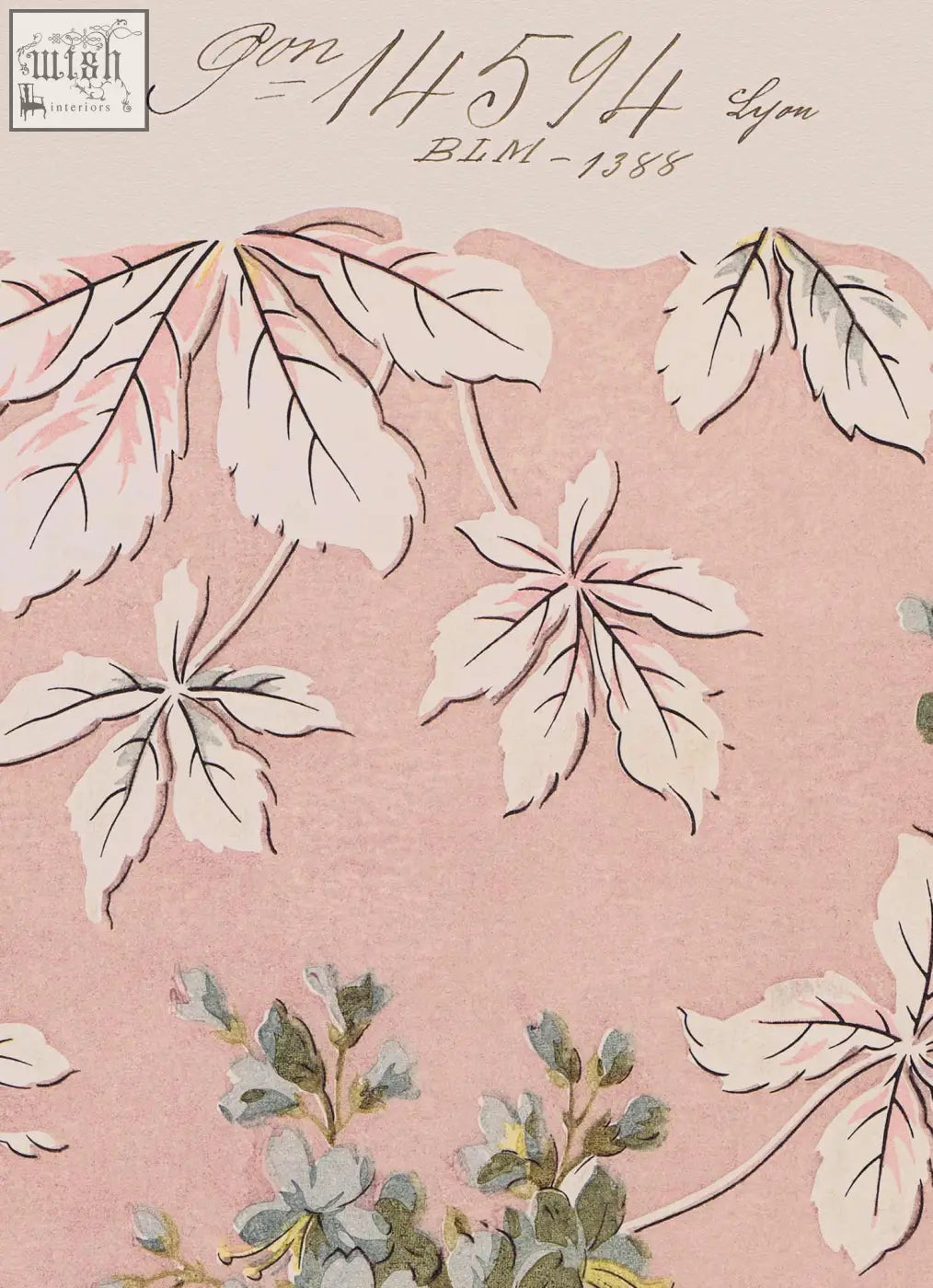 Pink wallpaper with delicate white and pale green leafy vines from no.049 spring romance vintage archive poster prints made with ethically sourced materials
