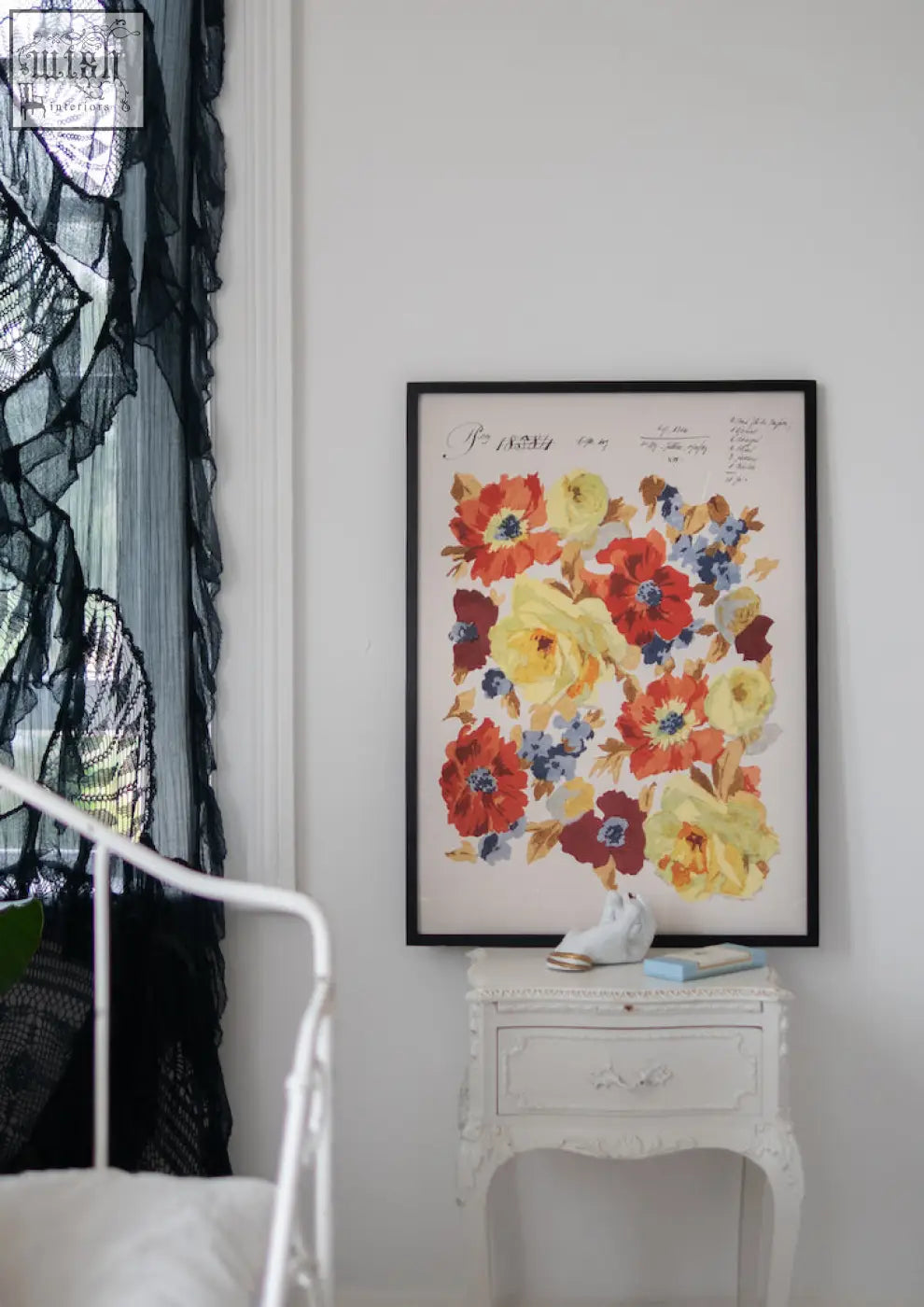 A framed autumnal blooms poster print with vibrant red yellow and blue flowers on sustainable bamboo paper cream background
