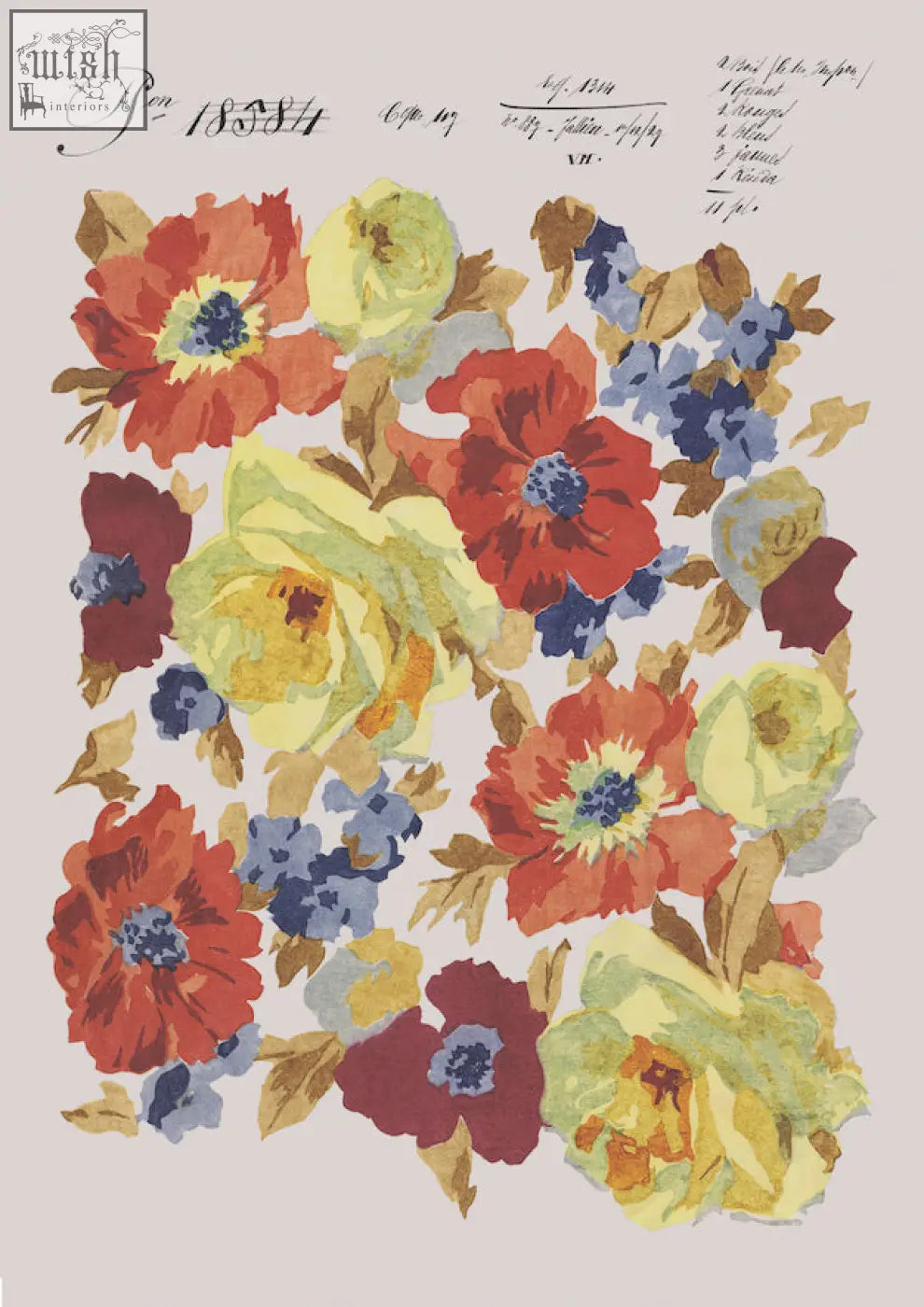 Vibrant autumnal blooms vintage archive poster print with bold red yellow and blue flowers on sustainable bamboo paper