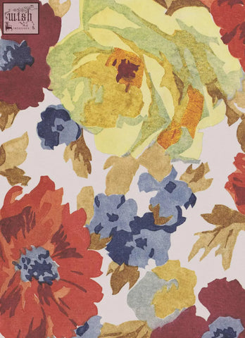 Vibrant autumnal blooms wallpaper with red yellow blue flowers and gold leaves on off-white sustainable bamboo paper
