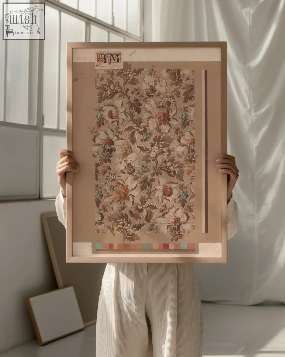 A vintage archive poster print powder symphony with beige frame and floral botanical patterns in muted earth tones