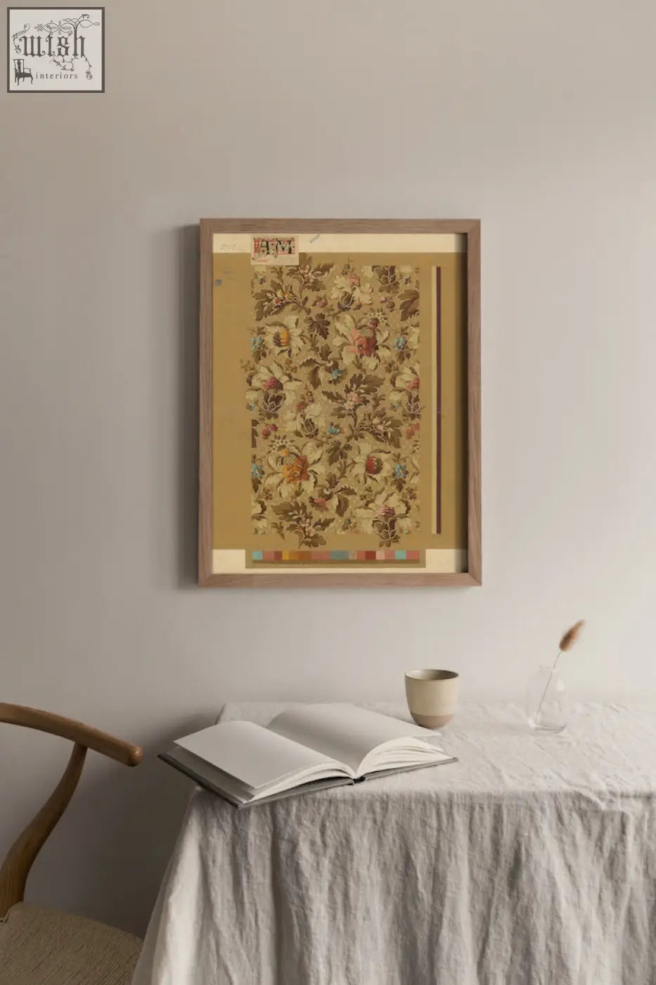 A framed vintage archive poster print of powder symphony with muted earth tone floral patterns in a simple wooden frame made from ethically sourced materials
