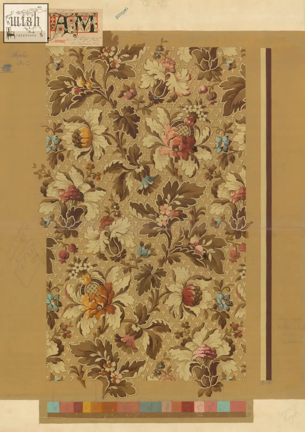 No 093 powder symphony vintage archive poster prints featuring intricate floral wallpaper in muted beige pink blue tones made with ethically sourced materials
