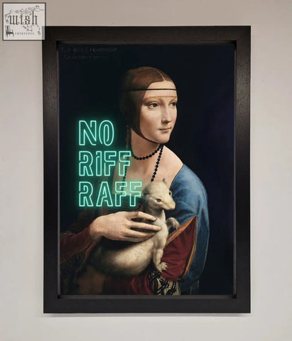 A riff raff framed print showing a classical portrait of a woman in blue and red with glowing green no riff raff text