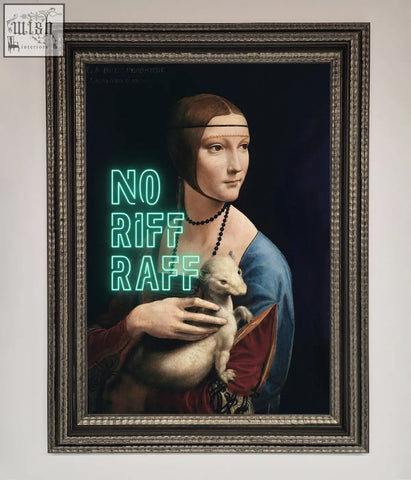 A riff raff framed print featuring a classical woman in blue and red holding a small animal with neon green text