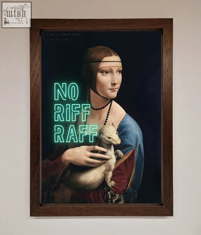 A riff raff framed print featuring a woman in renaissance attire holding an animal with neon text overlay