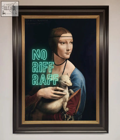 A riff raff framed print featuring a woman in renaissance attire holding a small animal with neon text overlay