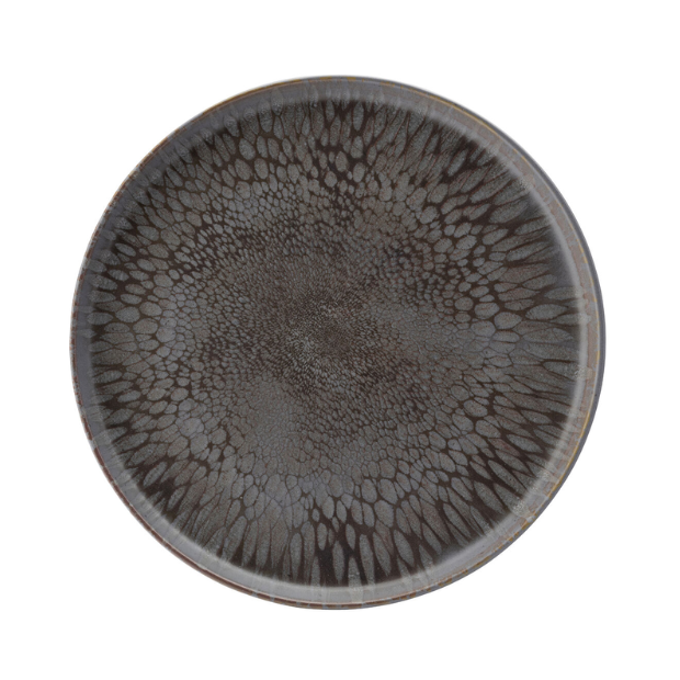 A nocturne coupe plate 7 inch with a dark gray textured ceramic surface and intricate raised scale pattern