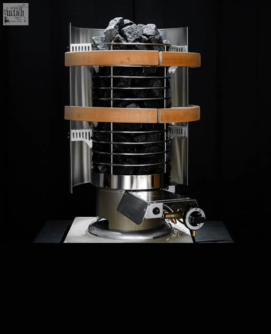 Stainless steel and wood framed r14s coal stove with black charcoal grates in noir xxl second tent safety pack suite
