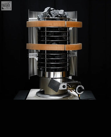 Stainless steel and wood framed r14s coal stove with black charcoal grates in noir xxl second tent safety pack suite