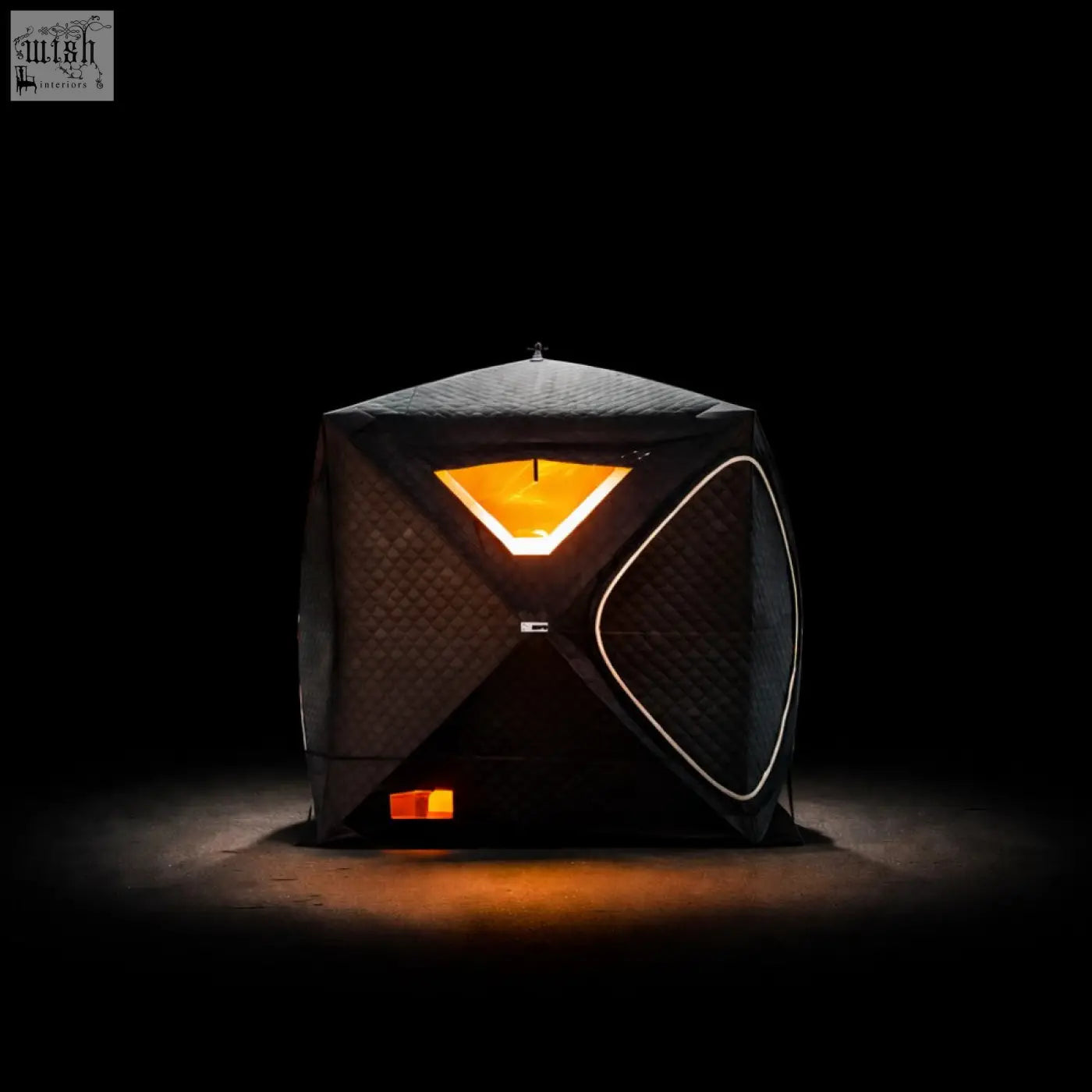 Black geometric-patterned second tent with illuminated orange r14s interior and white-trimmed window safety pack