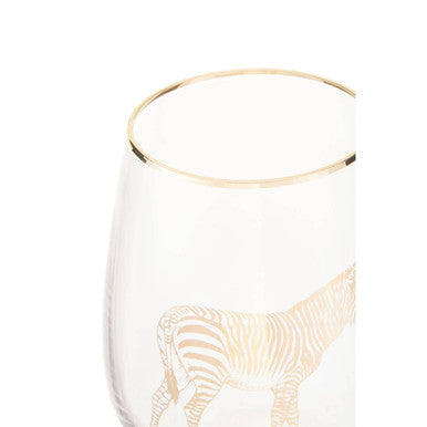 Clear glass wine tumbler with gold rim and delicate zebra silhouette design from nomi gold zebra curved collection