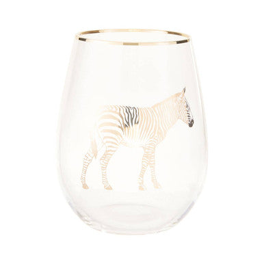 Clear stemless wine glass with gold rim and delicate white zebra illustration from nomi gold zebra curved tumbler collection