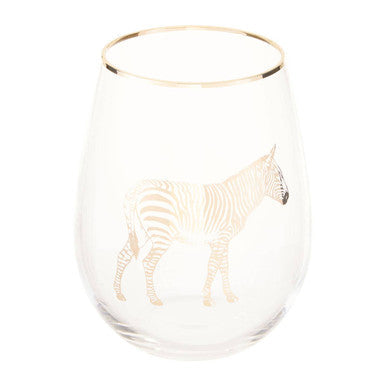 Clear stemless wine glass with gold rim and delicate gold zebra illustration in nomi gold zebra curved tumbler style