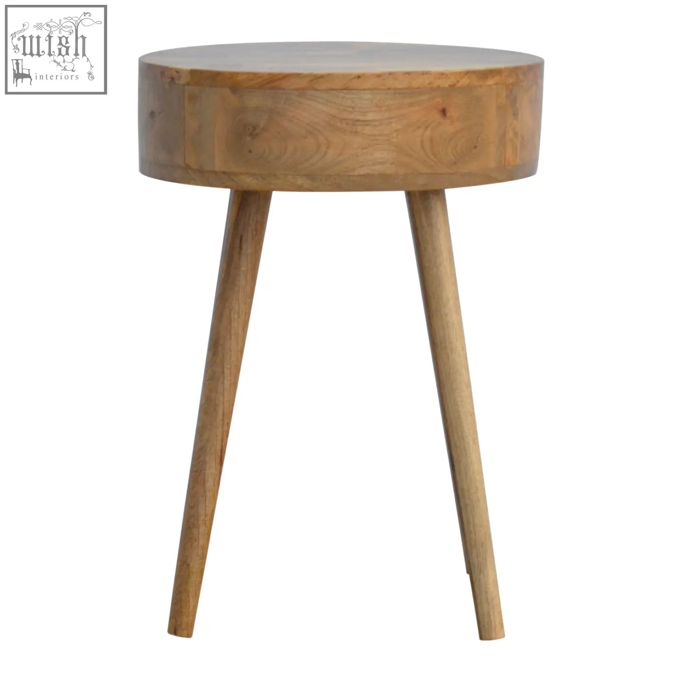 Minimalist nordic circular shaped bedside table made of natural oak mango wood with three tapered legs