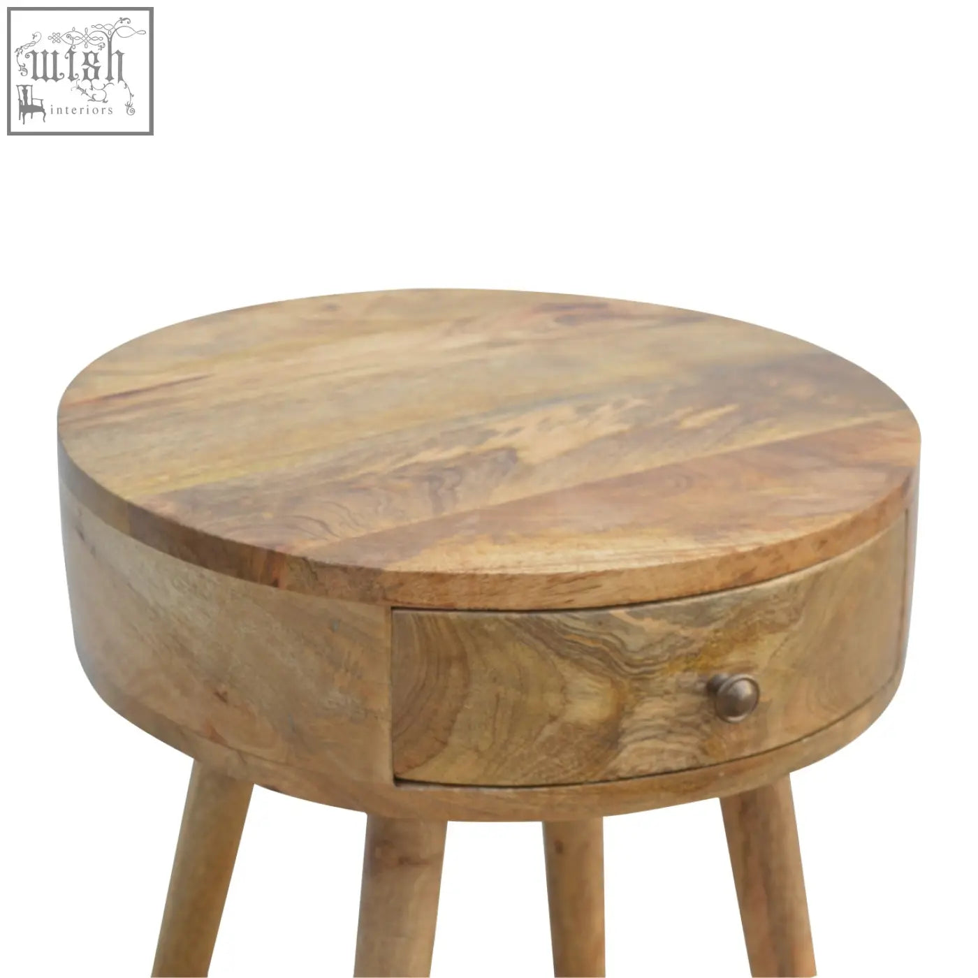 Nordic circular shaped bedside table in oak mango wood with natural finish and single drawer for bedroom use