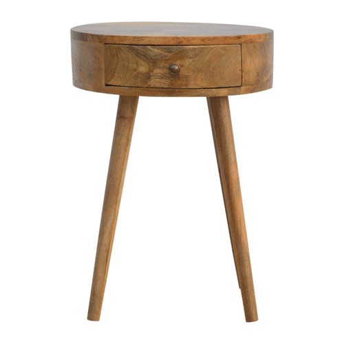 Nordic circular shaped bedside table in oak mango wood with a round top single drawer and tapered legs
