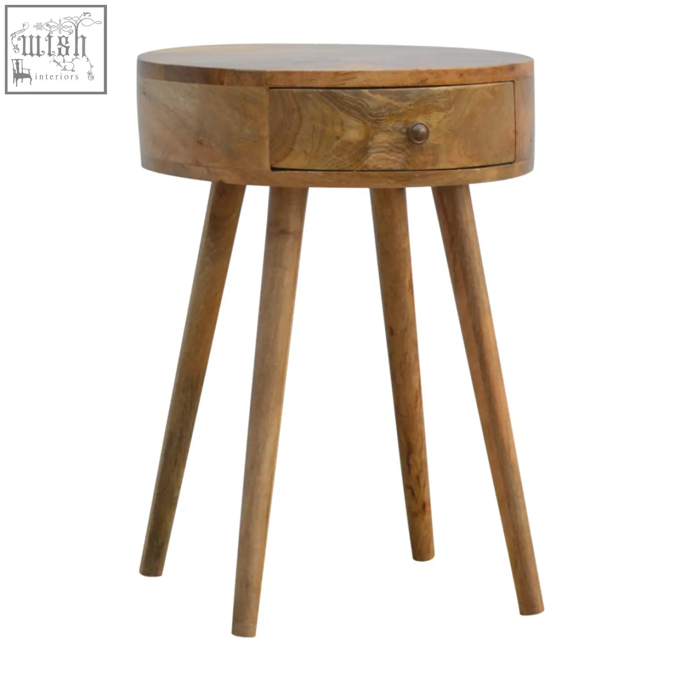 Nordic circular shaped bedside table in oak mango wood with a round top drawer and tapered legs for bedroom use
