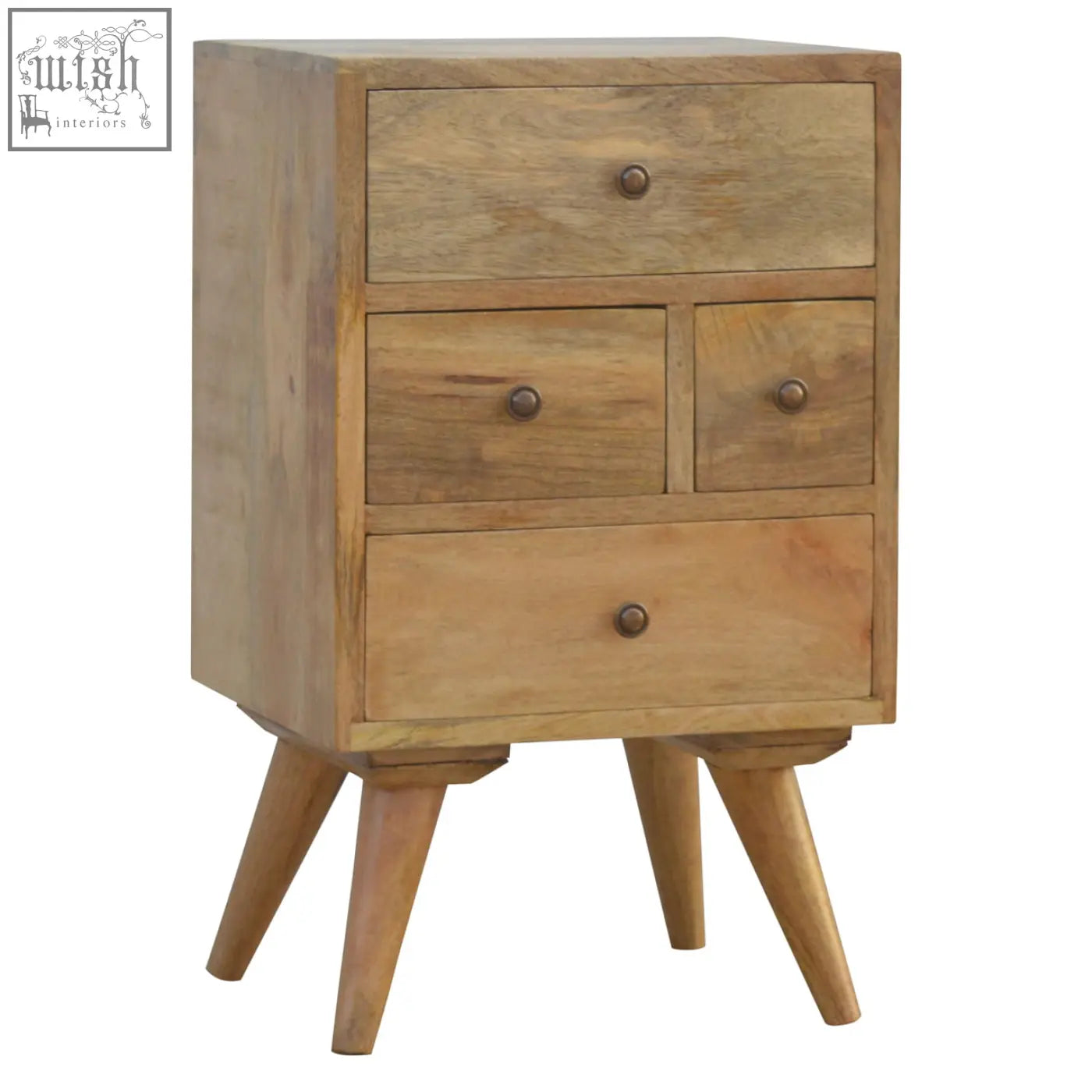 Light wood bedside table with three drawers and brass knobs made from solid mango wood in a nordic style design
