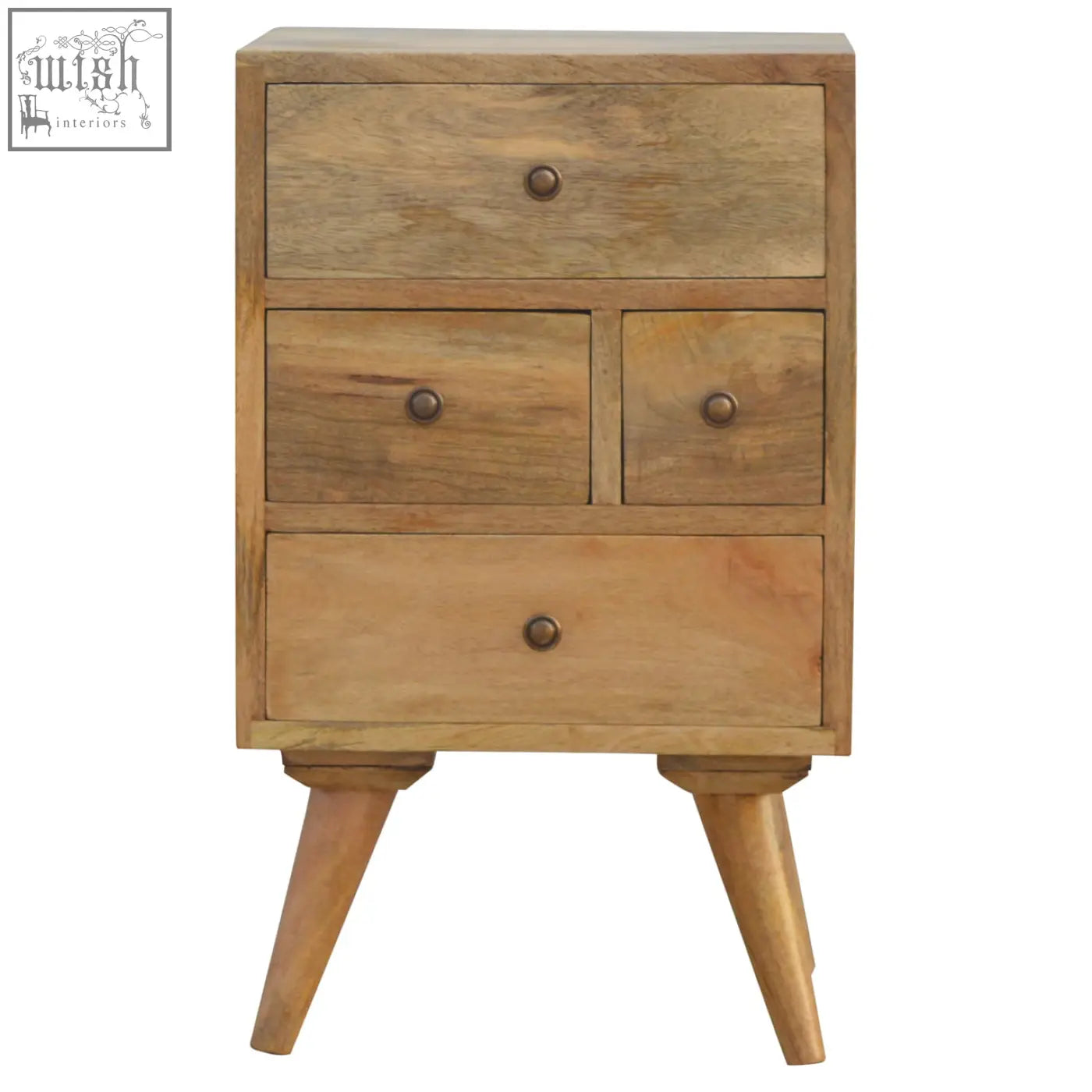 Light wood bedside table with three drawers and round brass knobs made from solid mango wood in nordic style