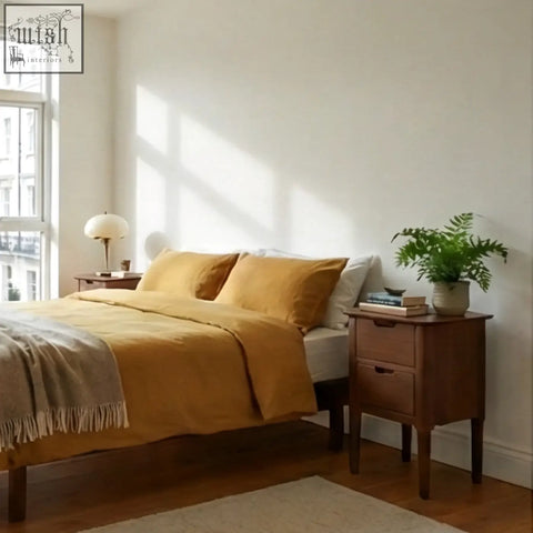 Warm mustard linen duvet set with fringed throw on a norway narrow walnut bedside table from norway wooden furniture collection
