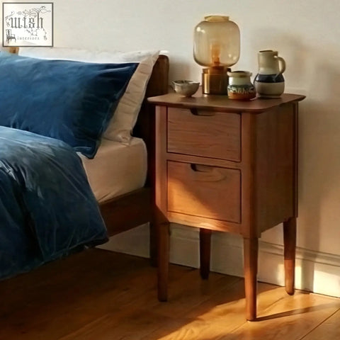 Warm-toned norway narrow walnut bedside table with slender legs from norway wooden furniture collection