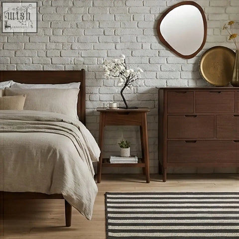 Dark wood norway walnut bedside table with minimalist design and small shelf holding a cup solid white cedar style