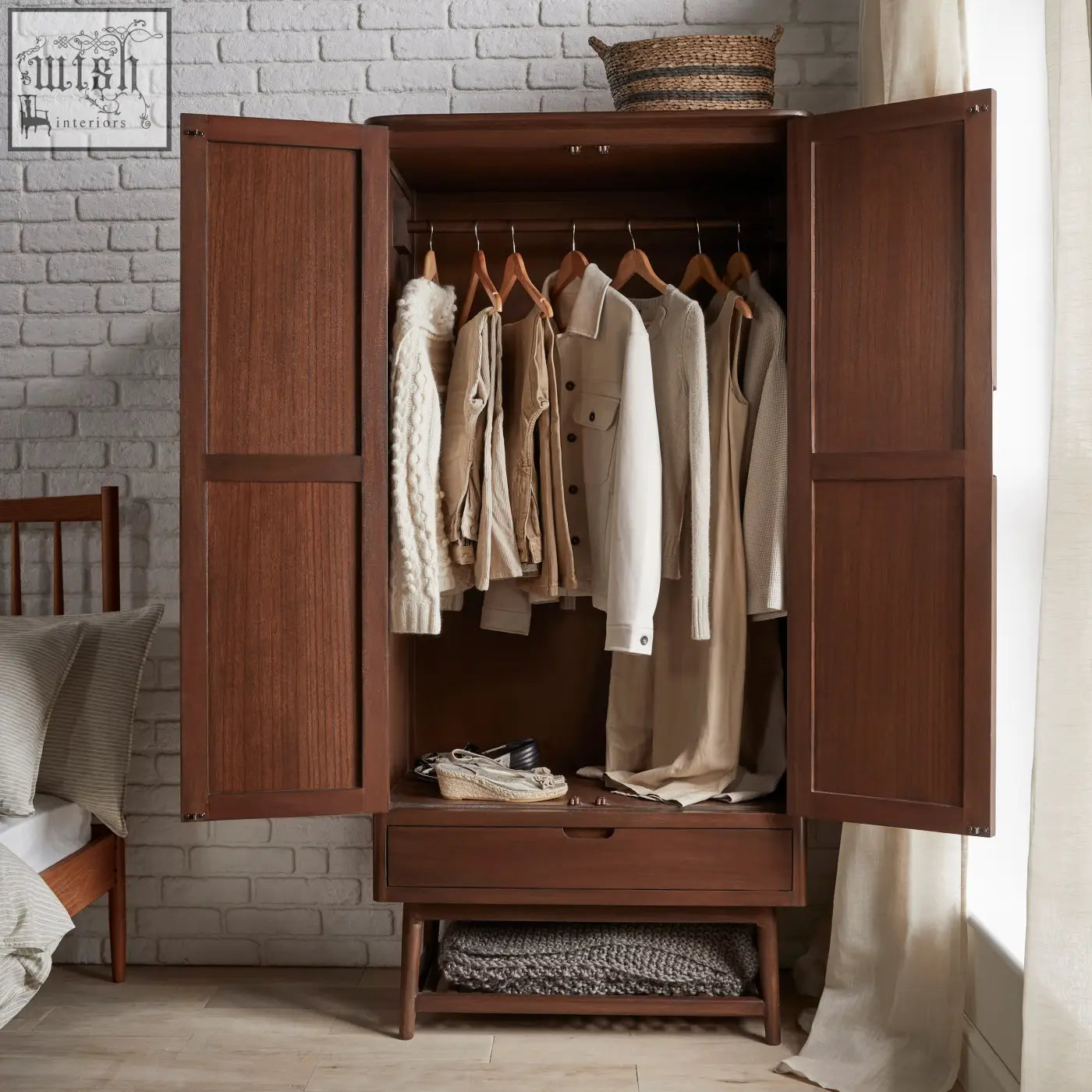 Brown norway walnut wardrobe with two doors, central drawer, and open lower shelf made from white cedar wood