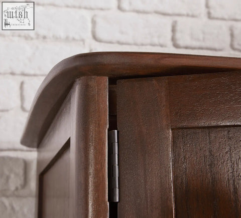 Dark brown norway walnut wardrobe with curved top edge and metal hinge made from white cedar wood