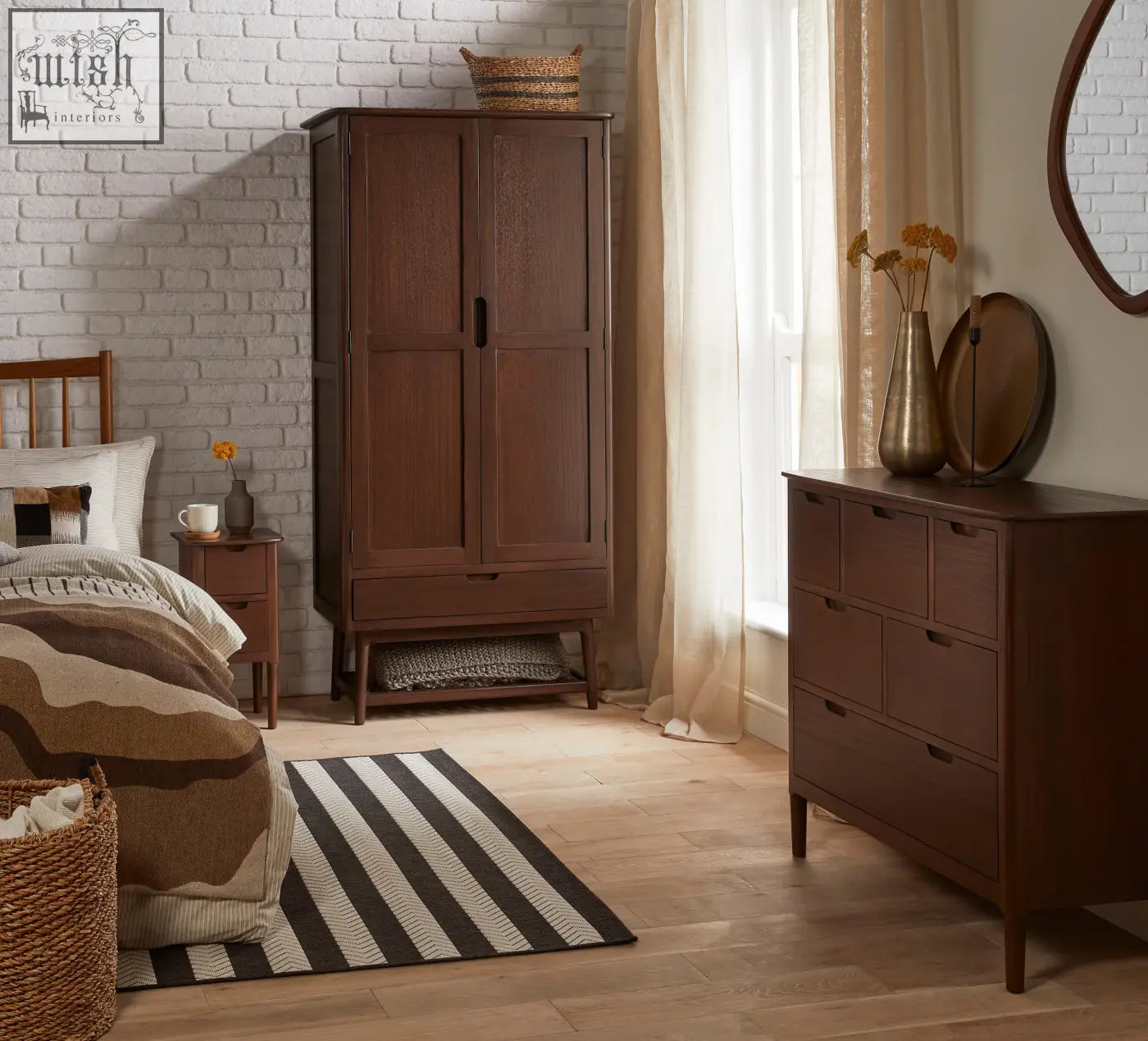 Dark brown norway walnut wardrobe with two doors, drawer below, topped by woven basket, made from white cedar wood
