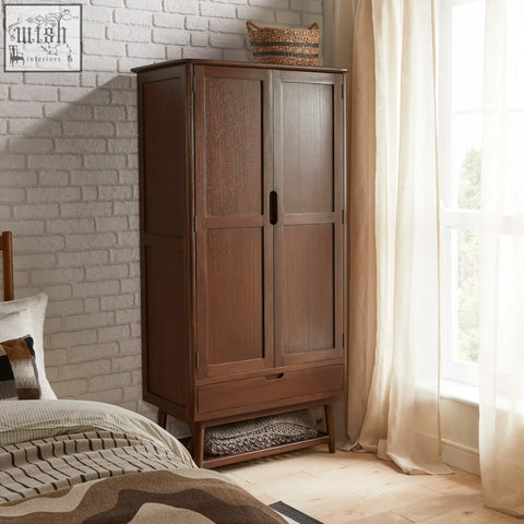 Dark brown norway walnut wardrobe with two doors and drawer featuring black handles made from white cedar wood