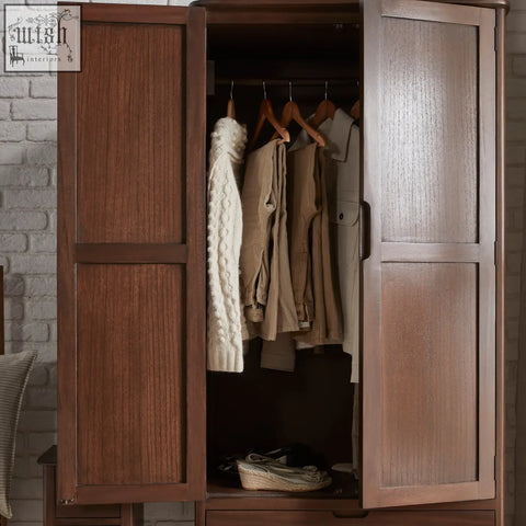 A warm brown norway walnut wardrobe with two doors featuring vertical panels and subtle white cedar wood grain texture