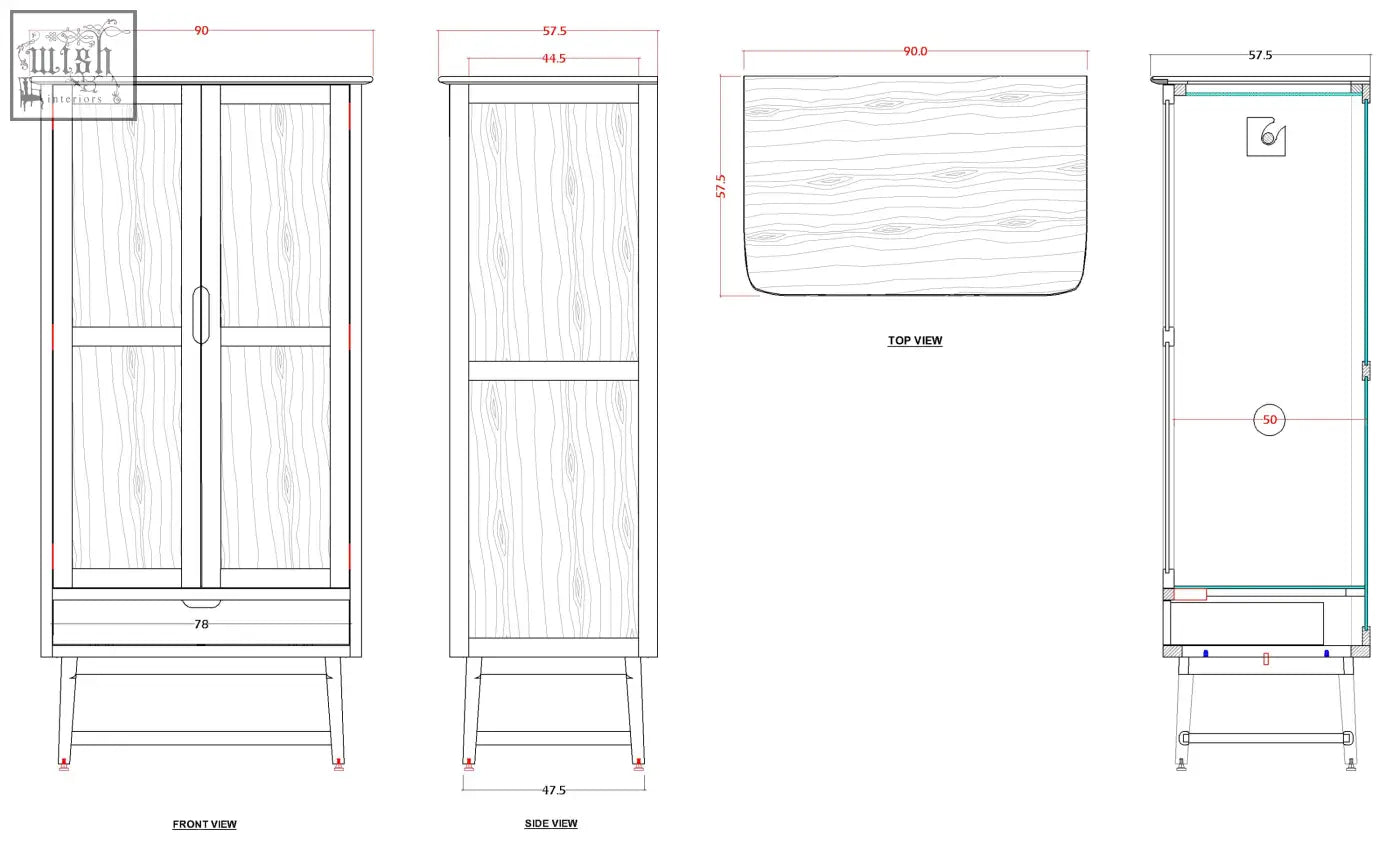 Wooden norway walnut wardrobe with two doors and drawer in white cedar wood featuring minimalist design