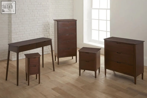 Modern minimalist norway walnut wooden bedside table in warm brown with sleek tapered legs from wooden furniture collection