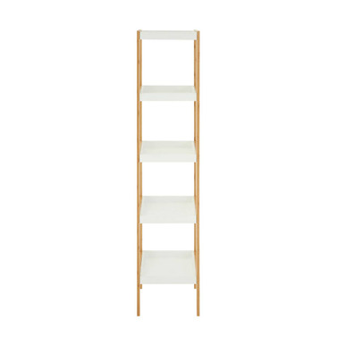 Nostra five tiered white and natural shelf unit with a minimalist light wood frame and white natural shelf unit design