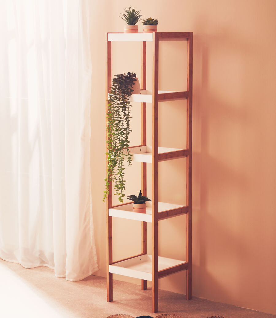 Tall five tiered natural shelf unit with white shelves and small potted plants minimalist design wooden frame