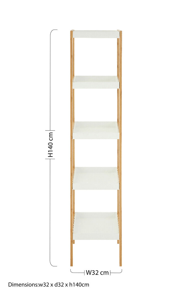 Nostra five tiered white and natural shelf unit with light wood frame and white shelves is a natural shelf unit